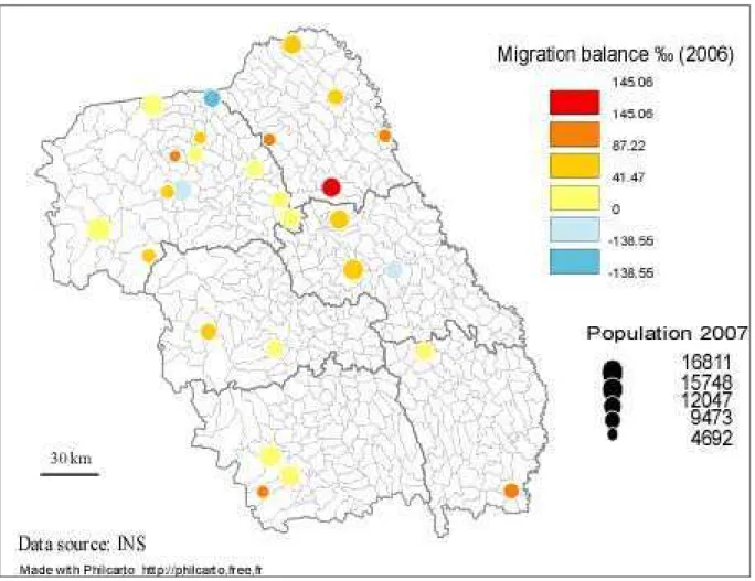 Figure 3. Migration balance in the small-sized towns of the North-East Development Region (2006)  In most cases, it is believed that this region has a natural balance net superior to the national  average, but the reality is that the situation is heterogen