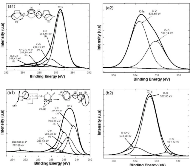 Figure 8b1 shows the curve fitting of the C 1s  core levels  for the composite with 2.0 wt% of CNT-f while important  binding energies were also identified: CC (~ 284.56 eV),  CH (285.38 eV), CO (~ 286.00 eV), C=O (~ 287.58 eV) and  plasmon p-p* (~ 292.68 