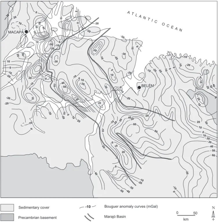 Fig. 4 – Simplified Bouguer anomaly map of the Marajó rift and surrounding areas.