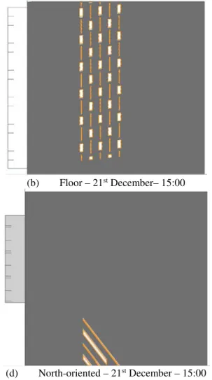 Figure 8 – Sun patch positions from Domus and  SHADING  Tools Plugin for the complex case (Case 2) -  the white region represents the sun patch provided by SketchUp and the orange outline is from Domus 