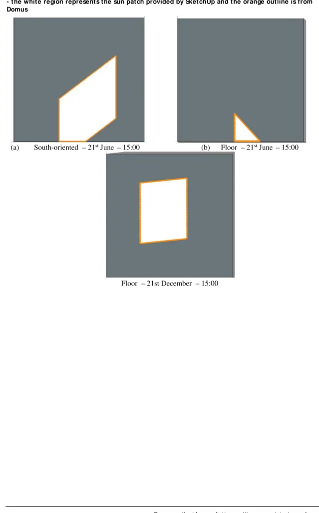 Figure 7 – Sun patch positions from Domus and  SHADING  Tools Plugin for the simple case study (case 1)  - the white region represents the sun patch provided by SketchUp and the orange outline is from  Domus