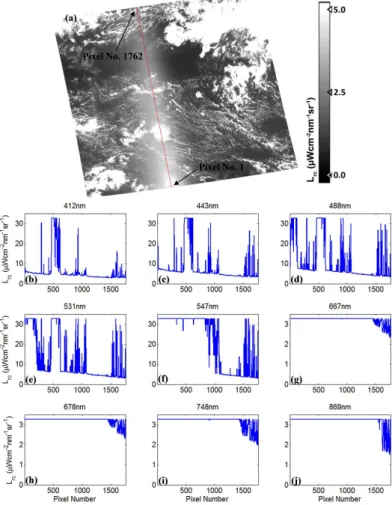 Figure 4. (a) The transect showing the location of pixels in the Rayleigh corrected image (412 nm) of Aqua (A2004026202500)