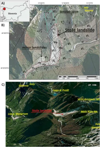 Fig. 1. Stože landslide: (A) location of the test site, (B) general settings of the site with geology modified after Petrica and  Špaca-pan (2001) and Jurkovšek (1987) and mapped faults (full black lines) and with faults interpreted from topography (dot-an
