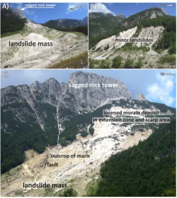 Fig. 2. Photos of the test site: (A) the accumulation zone with di- di-amictic material of the landslide, (B) minor landslides above the place, where the major landslide transformed into the debris flow, and (C) upper part of the landslide with bare surfac