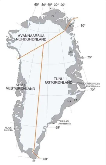 Fig. 1. The three official divisions of Greenland: Tunu – Østgrønland (East Green land), Avannaarsua – Nordgrønland (North Greenland), Kitaa – Vest  -grønland (West Greenland)