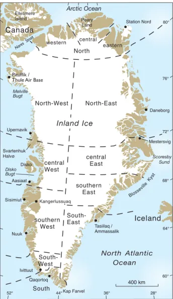 Fig. 2. The subdivisions of Greenland as used by GGU/GEUS. The Geological Survey’s subdivisions were based on unofficial usage in published reports by geologists, botanists, zoologists and other scientists