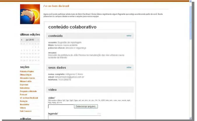 Figura 9: Tela do formulário para o envio de conteúdo – Bom Dia Brasil 