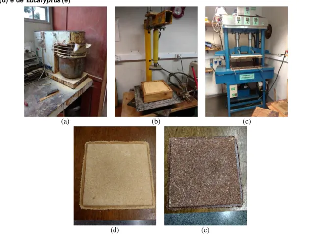 Figura 1 – Homogeneização (a),  formação do colchão (b),  prensagem (c),  painel de partículas de Pinus (d) e de Eucalypt us  (e) 