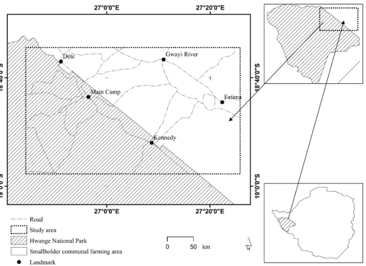 Fig 1. Location of the study system comprising of part of the Hwange National Park and adjacent communal smallholder farming areas in Zimbabwe