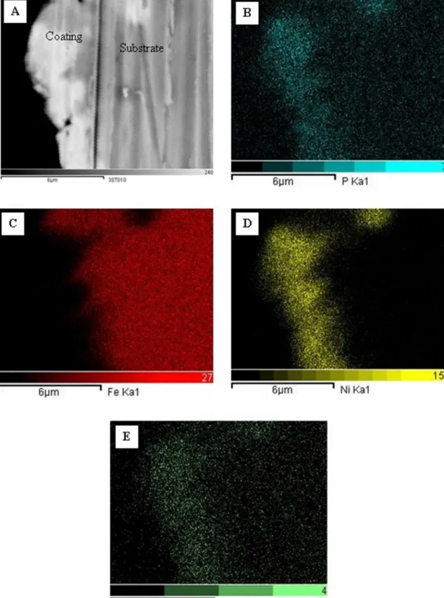 Figure 5. EDS mapping analysis of cross-sections of the coatings obtained in bath 3: a) SEM micrograph; b) P mapping; c) Fe mapping; 