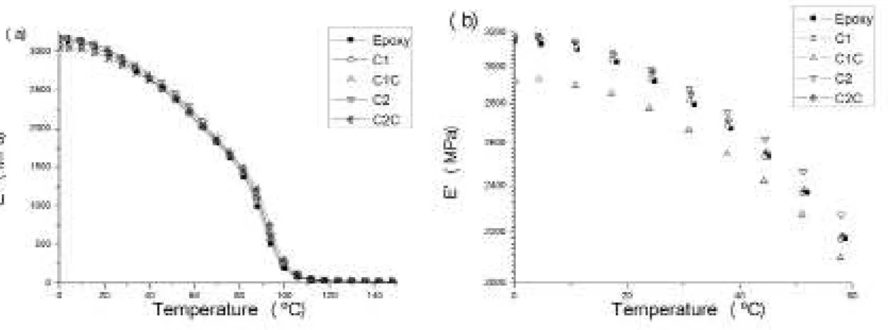 Figure 6. Storage modulus versus temperature for neat epoxy, epoxy/CNT nanocomposites with 0.05 and 0.1 wt % of CNT and epoxy/