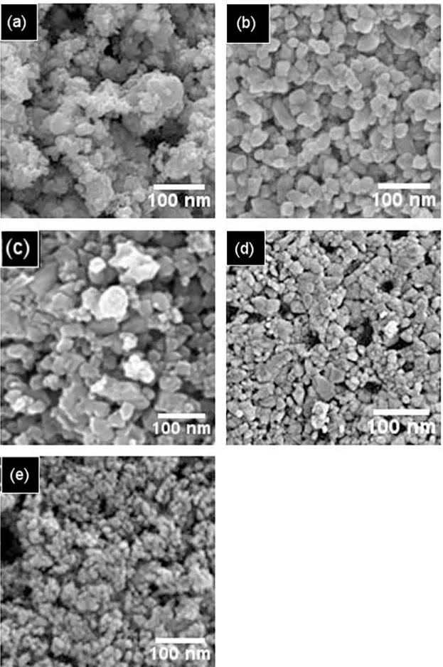 Figure 2. (a-e) SEM images of B-N codoped ZnO thin films with 0 - 4 at% B.