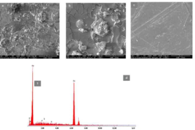 Figure 12.  SEM images of CS-ASTM 1020 surface after 120 min  immersion in 18.23 g L -1  HCl solution in the absence (a) and in the  presence of 1.112 g L -1  of benzotriazole (b) or cocoa bark extract  (c)