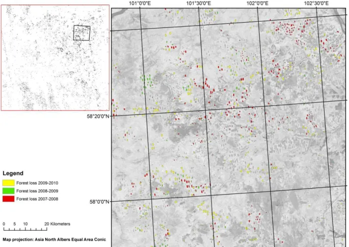 Fig. 5. Example of forest loss detection. Zoom on the region with the most changes classified in 2007–2010