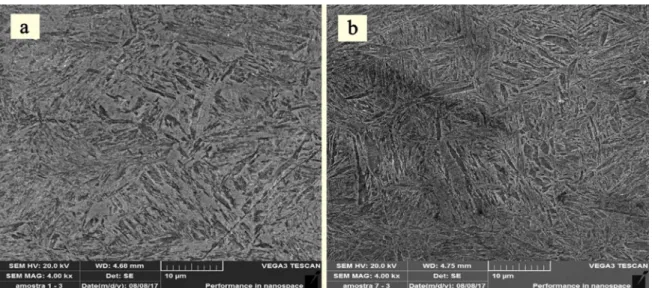 Figure 8. SEM observation of AISI 4340 steel cooled in water after the heat treatment: (a) 800 °C for 30 minutes and (b) 900 ˚C for 60  minutes.