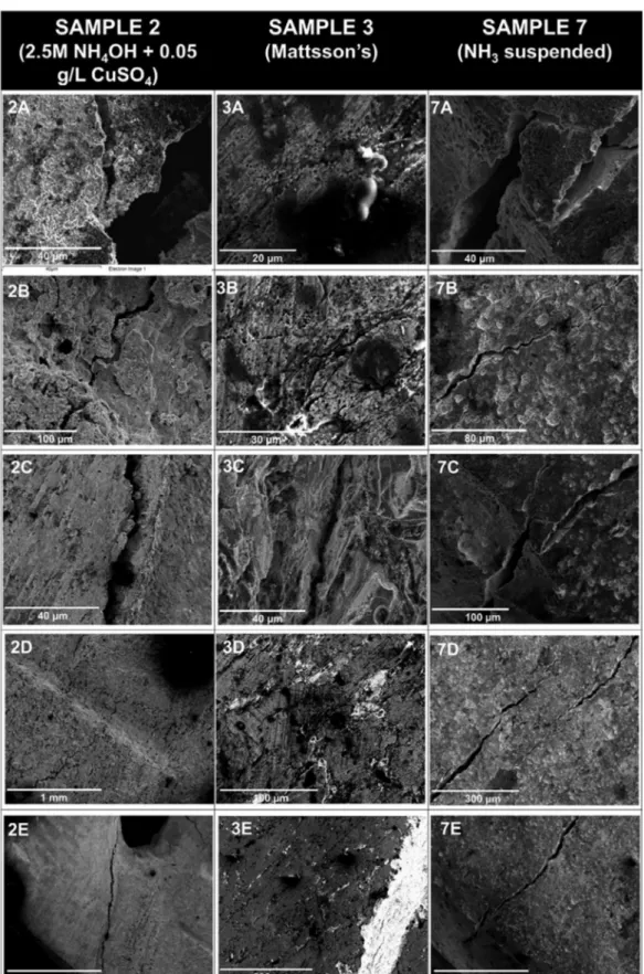 Figure 8. SEM micrographs of thin samples 2, 3 and 7 at different  magnifications.