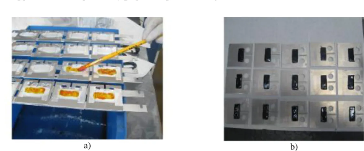 Figure 3: a) Aplication of Pasa Jell-105 and b) Samples repaired with Hysol EA 9320NA+1 vol% MWCNT