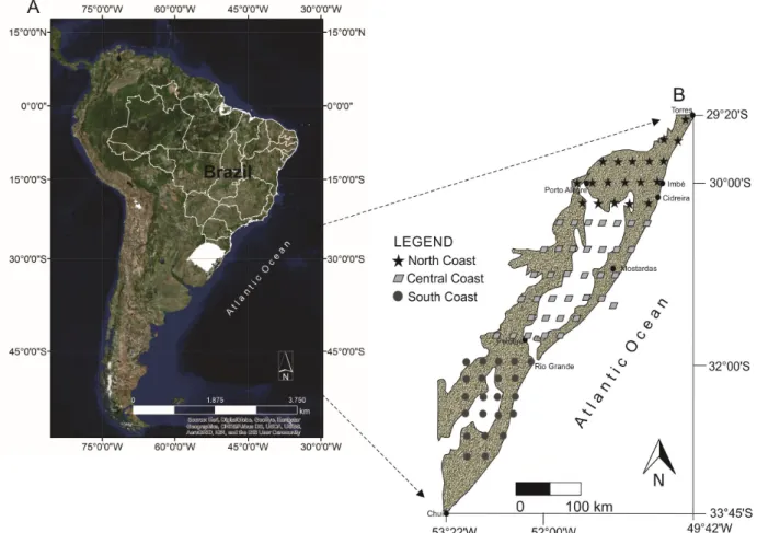 Figure 1. Study area location (A) and data precipitation grid distribution from the Tropical Rainfall Measuring Mission (TRMM) for  the different geographical regions of  the Rio Grande do Sul Coastal Plain (RGSCP).