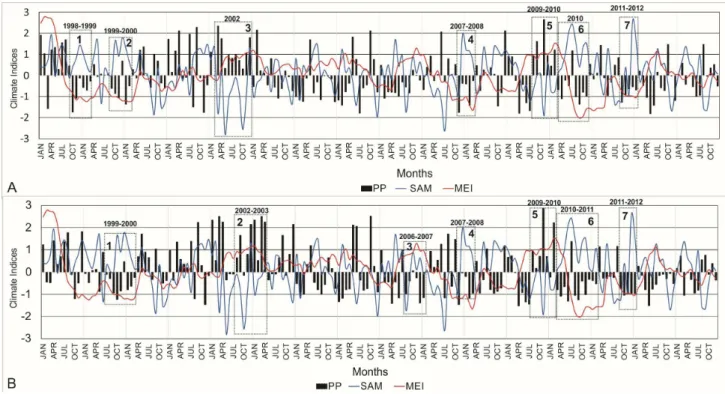 Figure 4. Monthly PP (anomalies precipitation) and SAM (Sothern Annular Mode) and MEI (Multivariate ENSO Index) indices  along the 1998-2013 period showing the precipitation events