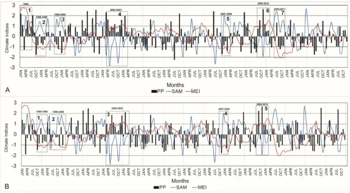 Figure 5. Monthly PP (anomalies precipitation) and SAM (Sothern Annular Mode) and MEI (Multivariate ENSO Index) indices  along the 1998-2013 period showing the precipitation events