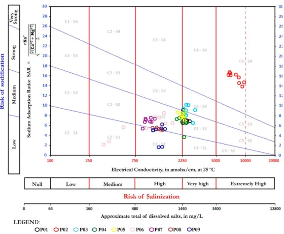 Figure 6.  Risks of  salinization and sodification in the Sucuru river alluvium according to the United States Salinity Laboratory.