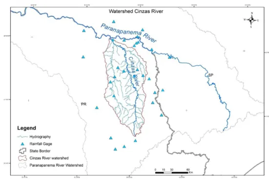 Figure 1. Localization of  the pluviometric stations in the region of  the Cinzas River hydrographical basin.