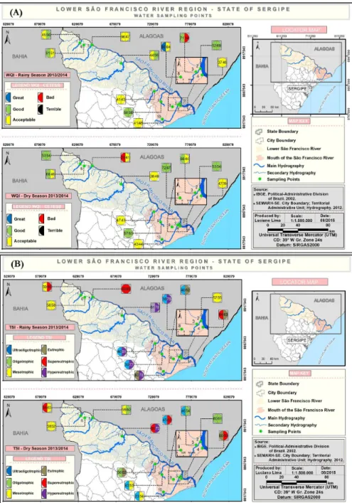Figure 2. Water quality in the period (rainy and dry) in the years 2013 and 2014 for the main tributaries of  the lower São Francisco  river (A) Water Quality Index - WQI and (B) Trophic State Index - IET.