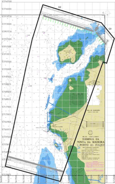 Figure 1. Nautical Chart Nº 413 form Diretoria de Hidrografia  e Navegação da Marinha do Brasil superimposed by the area  reproduced by the physical model.