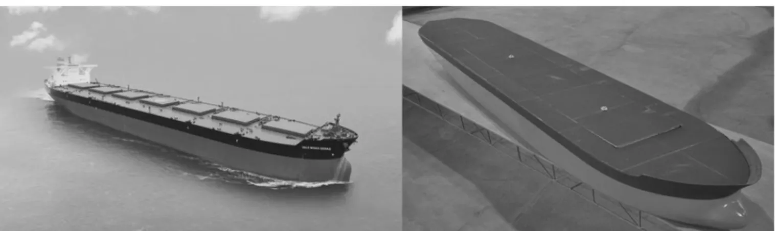 Figure 2. Actual Valemax 400,000 DWT (deadweight tons) vessel (left) and his model in the reduced scale of  1:170 (right).