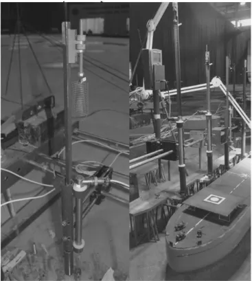 Figure 4. System for the reproduction and measurement of   mooring rope strength in the small-scale model, using helical  springs with the mooring ropes and the sensor LVDT (Linear  Variable Differential Transformer)