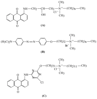 Figure 8. Antimicrobial cationic anthraquinone-based dye (A) [50,51],  monoazoic dye (B) [52]  