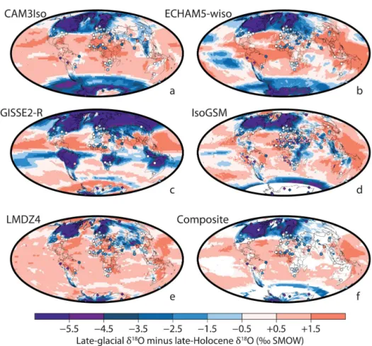 Figure 5. Simulated precipitation δ 18 O differences between the last glacial maximum and pre-industrial time periods (i.e., δ 18 O last glacial maximum – δ 18 O pre-industrial ) from five general circulation models: CAM3iso, ECHAM5-wiso, GISSE2-R, IsoGSM 