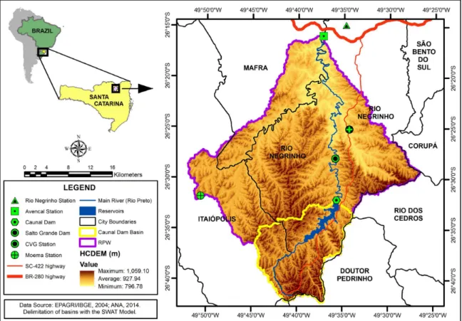 Figure 1. Location of  the study area and Hydrographically Conditioned Digital Elevation Model (HCDEM).