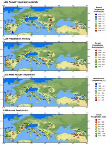 Fig. 5. Reconstructed LGM climates across Europe and Black Sea simulated using −40% of present day annual precipitation totals derived from the CRU2.0 climate dataset (New et al., 2002)