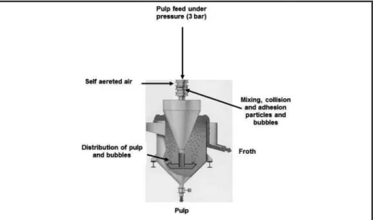 Figure 1 illustrates a pneumatic  flotation machine, where the pulp must  be pumped at high pressure (2.5 to 3.0  bar) to promote the suction of air  (self-aerated air) and the collision between  mineral particles and bubbles under  high energy.