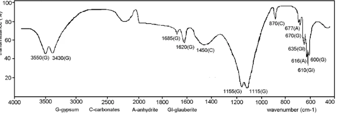 Fig. 6. IR spectrum of sample prepared by mixing  β -anhydrite with  water in presence of Na 2 SO 4