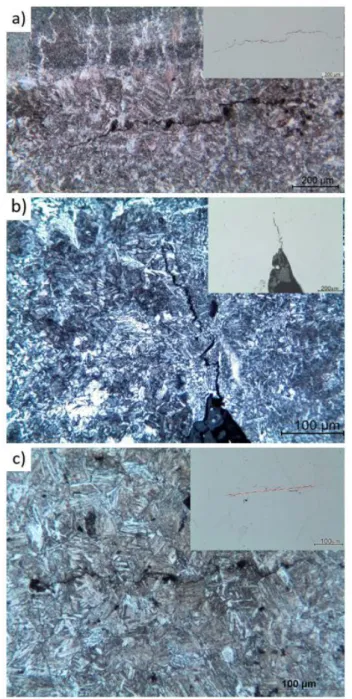 Figura 9. Trincas em amostras que não se romperam (ensaiadas com 80% do limite de escoamento) mostradas  em imagens sem e com ataque (Nital 2%)