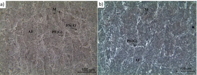Figura 6.  Microestruturas do metal de solda, com ampliação original de 200x: (a) E6010; (b) E8010