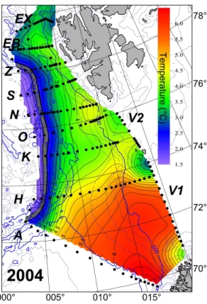 Fig. 3. Temperature at the 200 m level. Positions of the CTD profiles and section names are marked