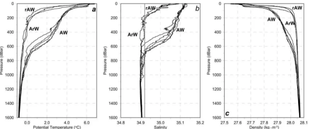 Fig. 5. Profiles of (a) temperature, (b) salinity and (c) density from the both sides of the Arctic Front (AF)