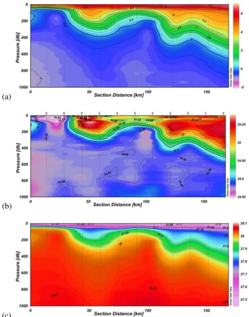 Fig. 9. Section along the 74 ◦ N parallel, across the frontal meander and eddy. (a) Temperature, (b) salinity, and (c) potential density in summer 1995.