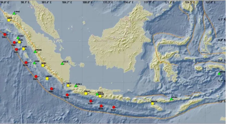 Fig. 1. GITEWS GPS locations in Indonesia [numbers in squared brackets indicate installation status of December 2009]: 9 [7] GPS real-time reference stations (green triangles), 9 [9] GPS at tide gauges (yellow squares), 10 [8] buoys with GPS (red circles).