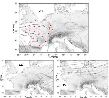 Figure 1. European areas (AT, AC and NS, see text) defined by Principal Component Analysis