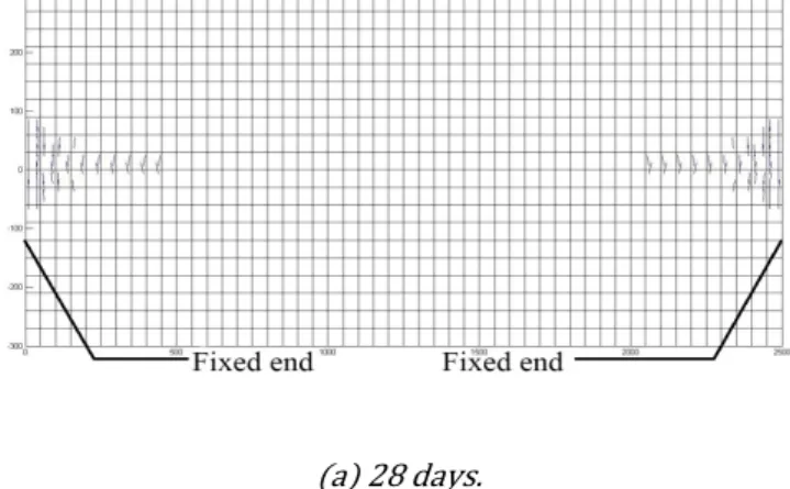 Figure 11: Cracking patterns for viscoelastic analysis with shrinkage and cracking. 