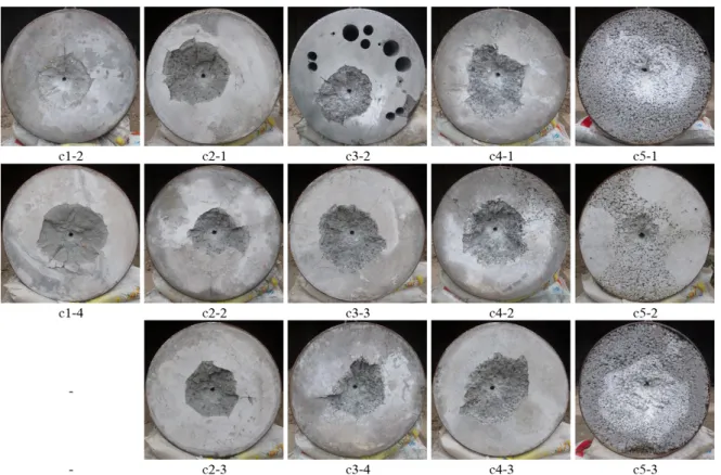 Figure 7: Image of the font surface damage of the target with volume fraction of mortar 100%, 79.7%, 59.5%, 38.5 and 14.5%,  respectively 