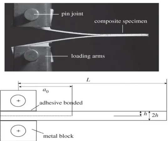 Figure 1: Specimen of the DCB test, the schematic applied load, and adhesive layer 