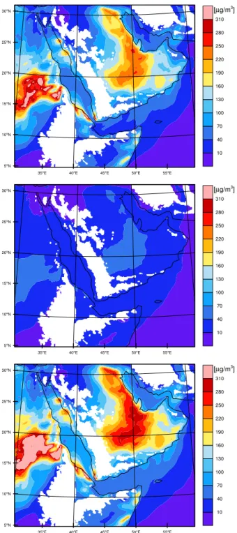 Fig. 5. Three vertical cross-sections of the averaged over the simu- simu-lation period dust mass concentration field [µg m −3 ] (top left, right, and bottom left panels) and their location on geographical map [m]