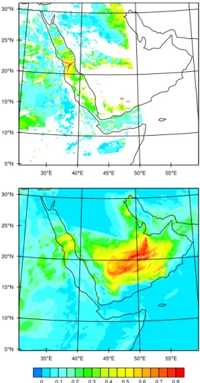 Fig. 7. Mean daytime (08:00–14:00 UTC) spatial distributions of the simulated AOD at 600 nm averaged over the simulation period (upper panel)