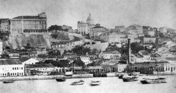 Fig. 1 Vista panorâmica da cidade do Salvador (1876). Observa-se o Arsenal da Marinha, a ladeira da Montanha, Teatro S