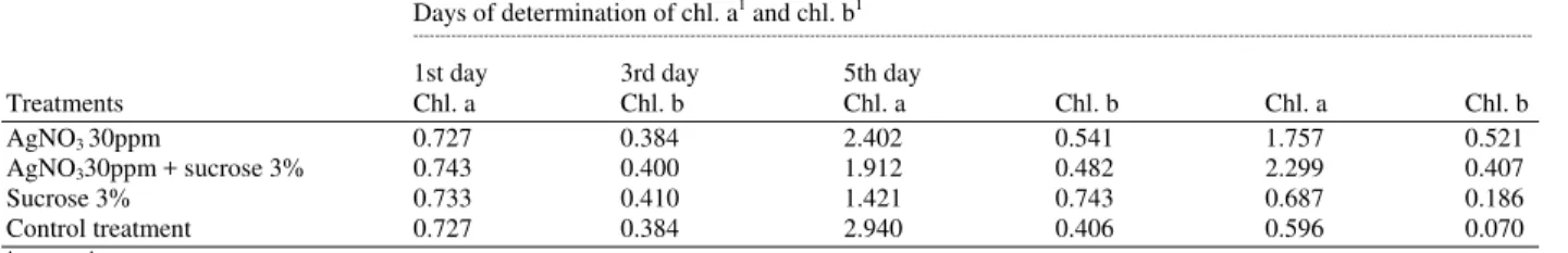Table 4: Effect of AgNO 3  with or without sucrose and sucrose alone on chlorophyll content for rose cut flowers